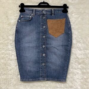 ALL Saints Button Denim Skirt Indigo with Suede Goat Leather Pocket